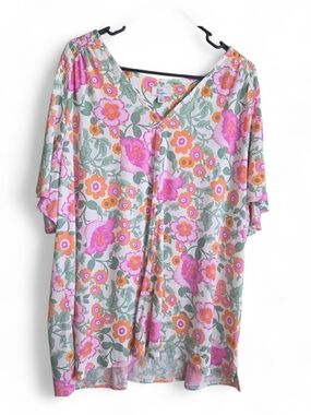 Kim Rogers Pink Floral V-Neck Women's Top